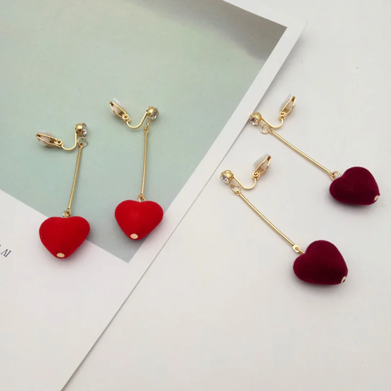 Korea Style Charm Peach Heart Long Bar Gold Color Clip on Earrings Without Piercing for Girl Party Needn\'t Ear Hole Ear Clip New