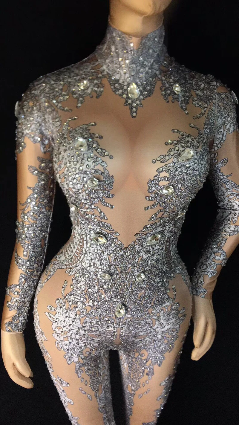 nightclub  Sexy Rhinestones Bodysuit   singer stage show Nude Crystals Costume Dance  jumpsuit  party favors christmas gifts