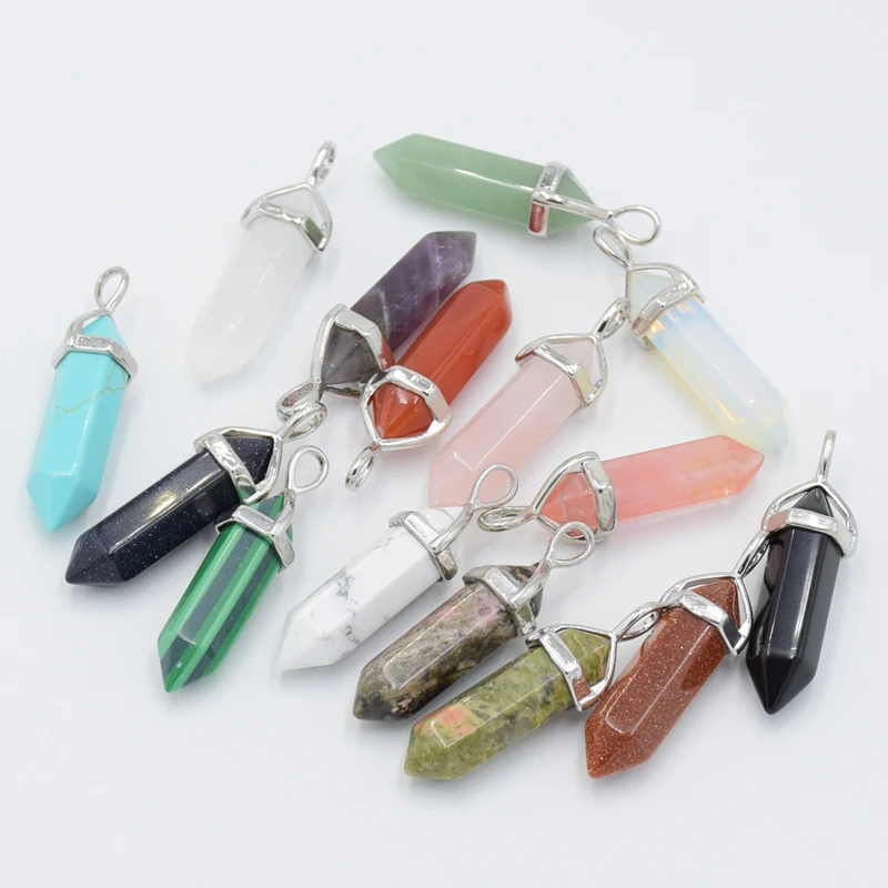 Natural Tiger eye Stone Purple Crystal Quartzs Pendant Hexagonal Column Pillar Bicone Faceted Bead Pendulum Charm Pendants