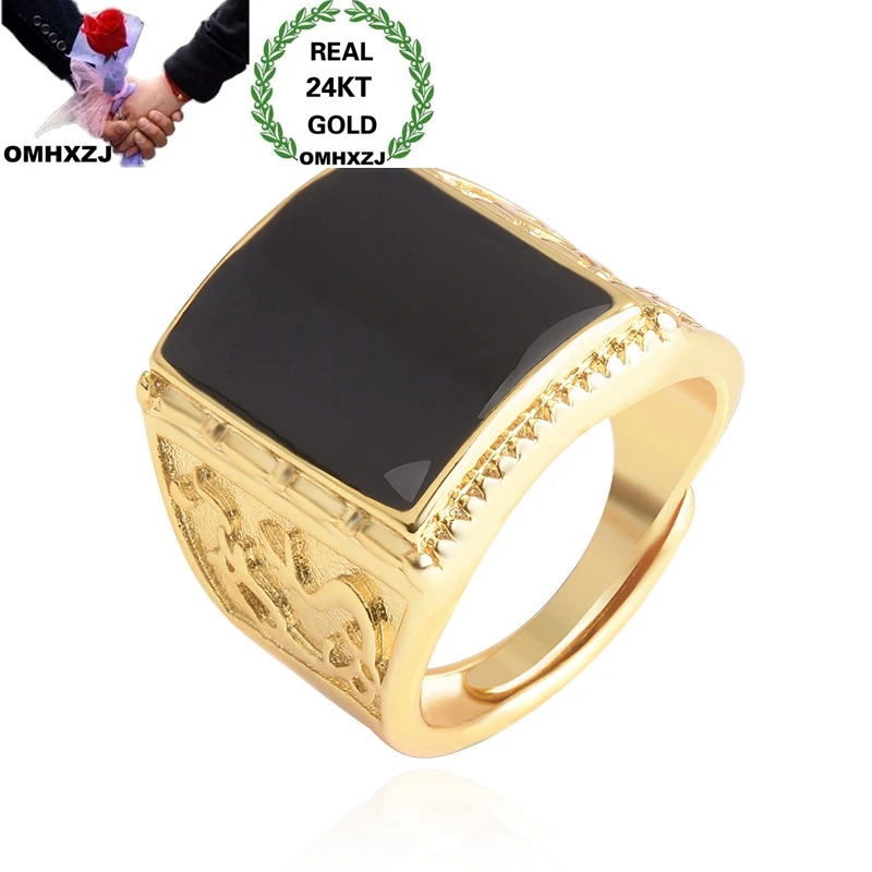 

OMHXZJ Wholesale European Fashion Hot Jewelry Man Male Party Birthday Wedding Gift Vintage Square Black 24KT Gold Ring RR1012