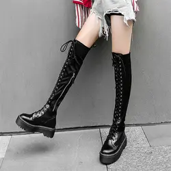 Plus Size Pumps Women Lace Up Straps Over The Knee Motorcycle Boots Female Thigh High Stretchy Fashion Sneakers Big Size Shoes