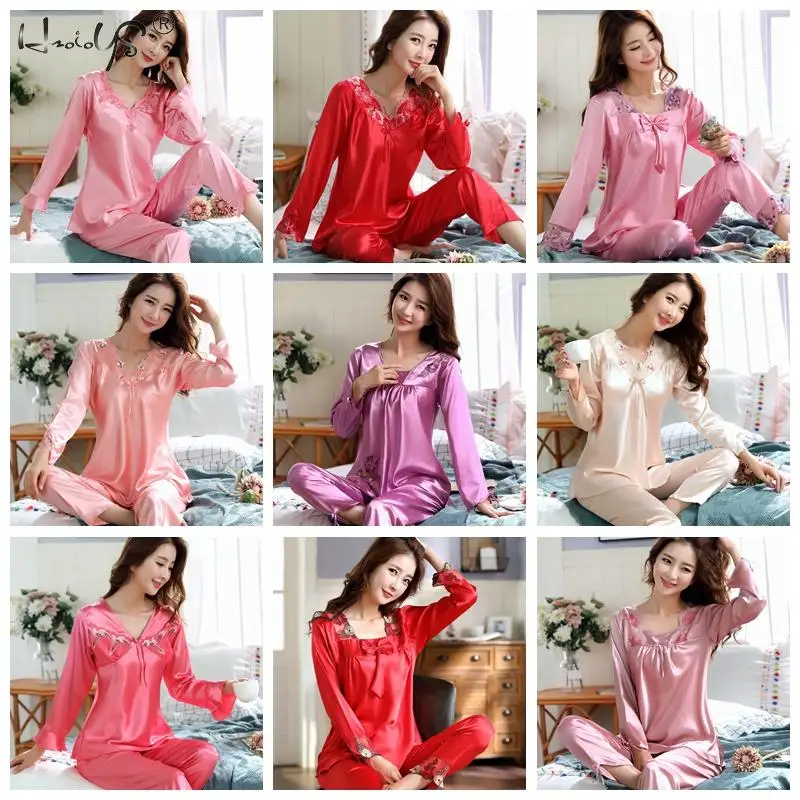 Women\'s Silk Satin Pajamas Set Lounge Pajama Sets Ladies Sexy Flower Lace Sleepwear Pyjamas Nightwear Pajama Suit Lingerie