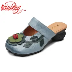 Xiuteng Flower Slippers Genuine Leather Shoes Handmade Slides Flip Flop On The Platform Clogs For Women Woman Slippers Plus Size