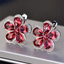 Clip Earrings For Women S925 Flower Artificial Ruby Ear Studs Vintage Bridal Wedding Brincos Fine Jewelry