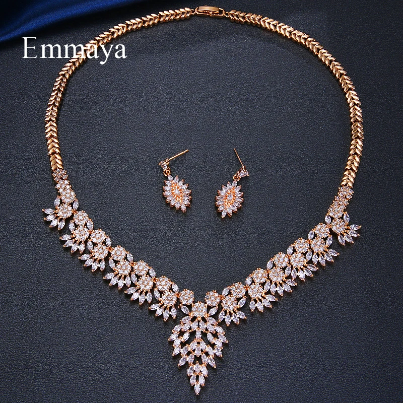 Emmaya Brand Sparkling Cubic Zirconia Crystal Zircon Flower Necklace and Earring Wedding Bridal Jewelry Sets Gift