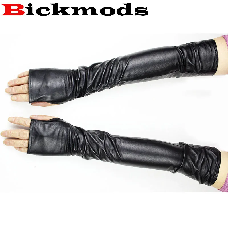 48 cm Women\'s Sheepskin Open Finger Gloves Straight Barrel Elbow Length Velvet Lining Autumn and Winter Warm Leather Sleeves