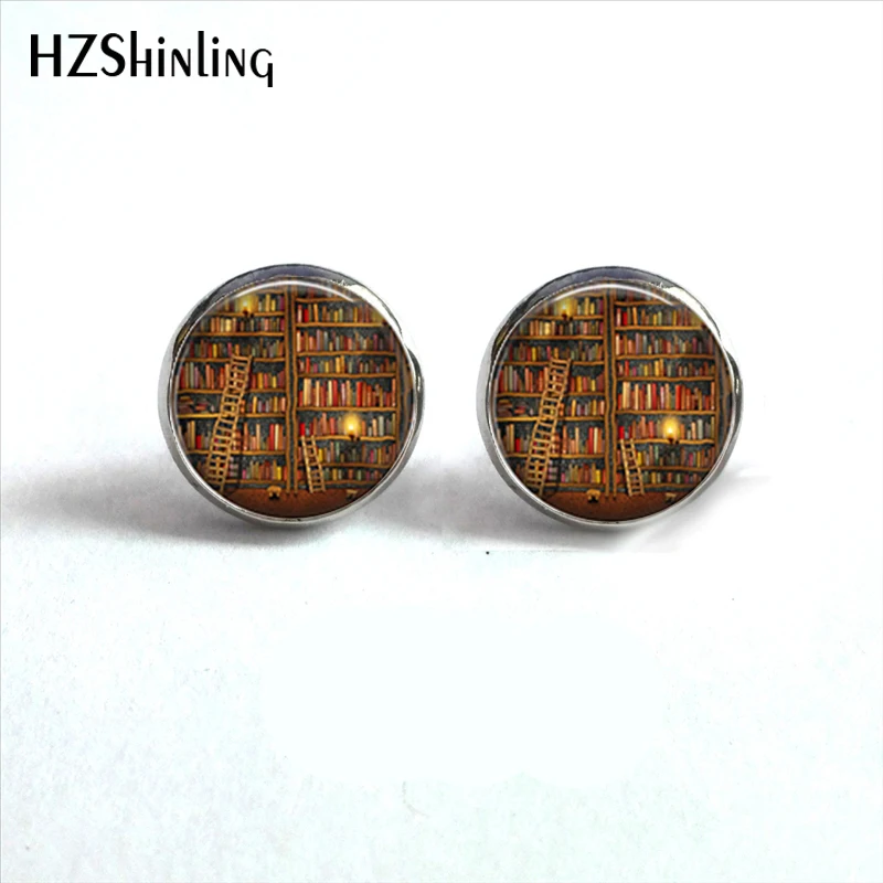 NES-00101  Library Book Earrings Vintage Books Stud Earrings Old Books Jewelry Glass Dome Earrings For Women HZ4