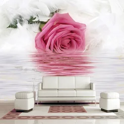 Papel tapiz fotográfico romántico de plumas de rosa en el agua, arte moderno, diseño de interiores, murales de decoración 3D, papel tapiz de flores hermosas