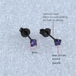 Titanium With 3mm Purple Zircon Round Stud Earrings 316L Stainless Steel Black IP Planting No Fade No Allergy