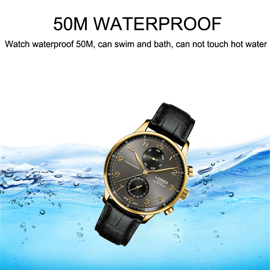 LOREO Quartz Watch Men Waterproof Sport Military Watches Mens Business Leather Wristwatch Male Clock Reloj Hombre New