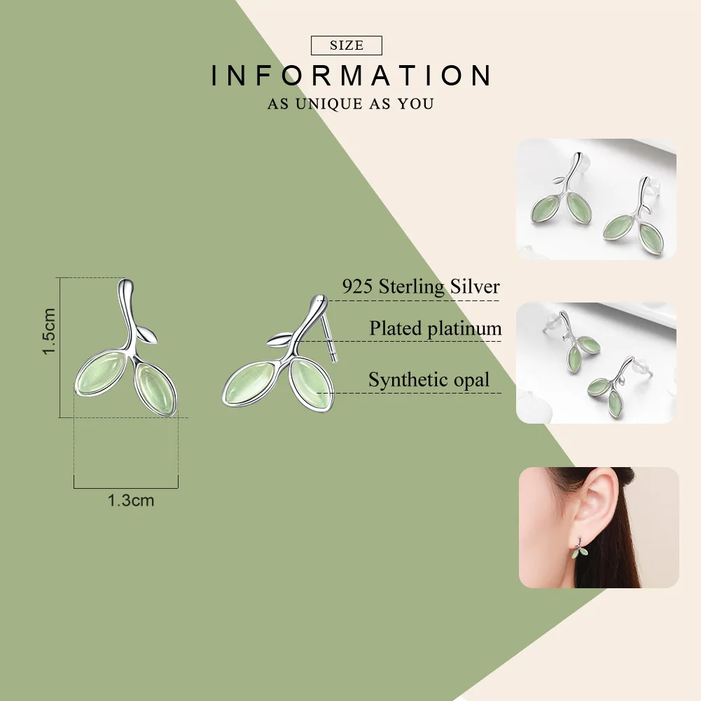 BAMOER Real 925 Sterling Silver Hope Leaves Tree Green Buds Small Stud Earrings for Women Authentic Silver Jewelry SCE465