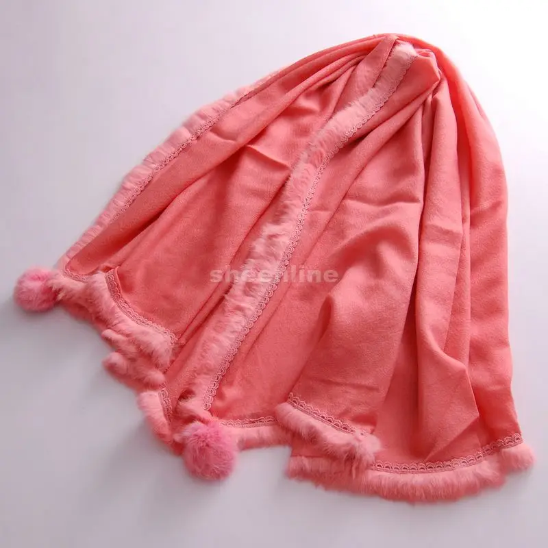 5 Designs Top Quality Wool Lace Print Shawl with Rabbit Fur Bobble Pashmina Quality Long Scarf Light Warm Winter Scarf Wrap