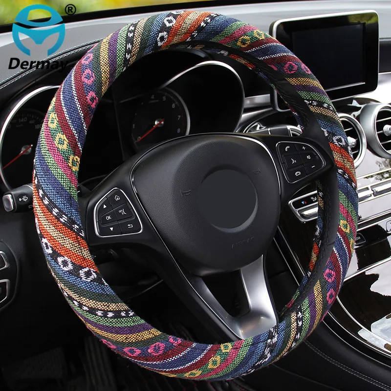 Car Steering Wheel Cover Handlebar Braid Steering Wheel Wrap Natural Fibers Anti Slip Breathable National Style 38cm Universal