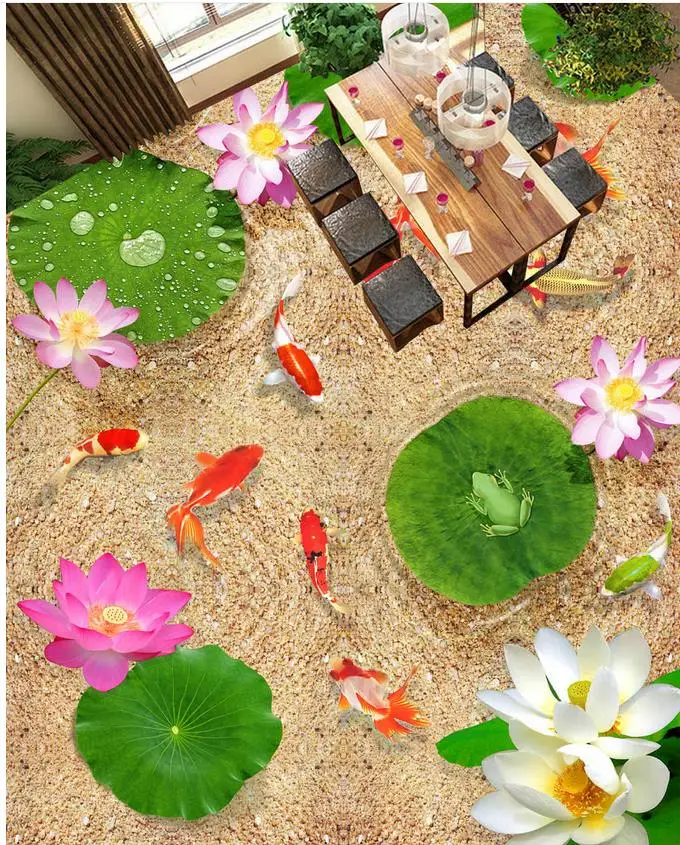 

3D stereoscopic lotus fish sand floor Videos Custom Photo self-adhesive 3D floor PVC waterproof floor Wallpaper floor mural