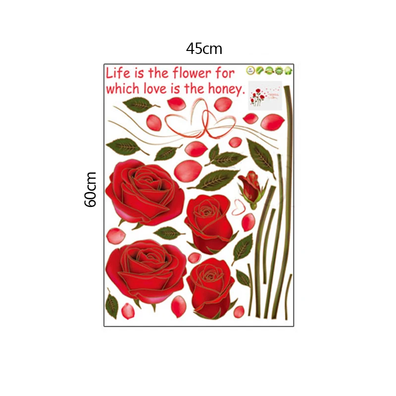 Romantic Hot Sale  Removable Red Rose love Life Is The Flower Quote Wall Sticker Mural For DIY Decal Home Room Art Decoration