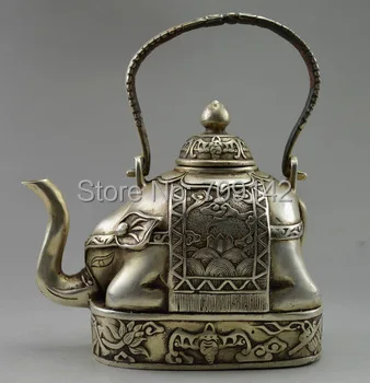 

Decoration Collectible Decorate Tibet Silver Carve Flower Elephant Big Tea pot Handwork Statue Tibet Miao Antique Old Silver