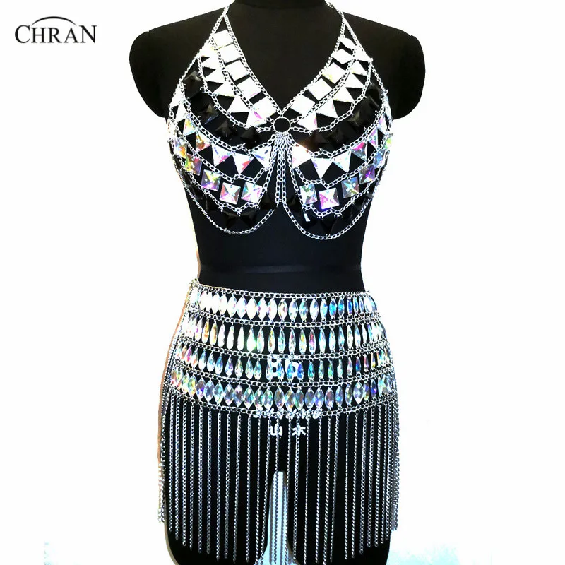 Chran Irridescent Crop Top EDM Chain Rave Mini Skirt Harness Necklace Beach Bra Bralette Bikini Dress Party Festival Jewelry