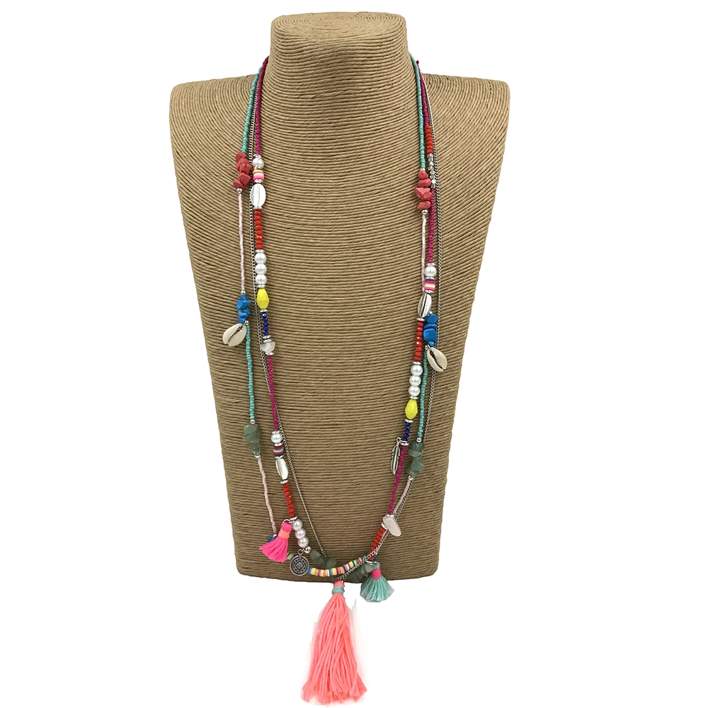 New Handmade Pink Fringe Tassel Pendents Necklace Unique Boho Bohemia Long Necklaces Multy Layers Seedbeads Chain Necklace