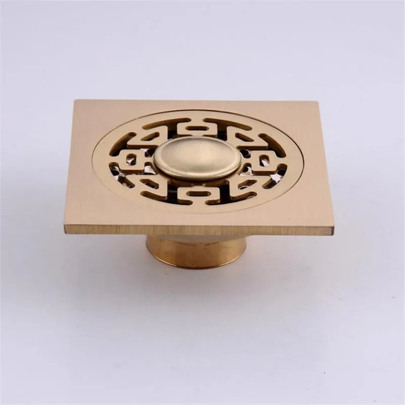 LIUYUE Floor Drains Brushed Gold Brass 10×10 CM Bathroom Hardware Square Shower Floor Drain Trap Waste Grate With Hair Strainer