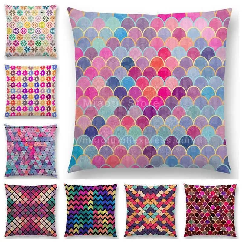 Lovely Geometric Pattern Cushion Cover Pastel Triangles Diamond Colorful Flowers Dots Stars Rainbow Wave Sofa Throw Pillow Case