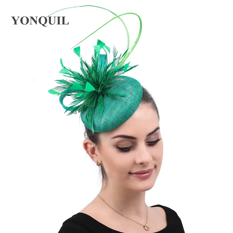 

Womens Feathers Headwear Cap Fedoras Dress Fascinator Green Sinamay Hat Party Wedding Occasion Ladies Femele Hair Accessories