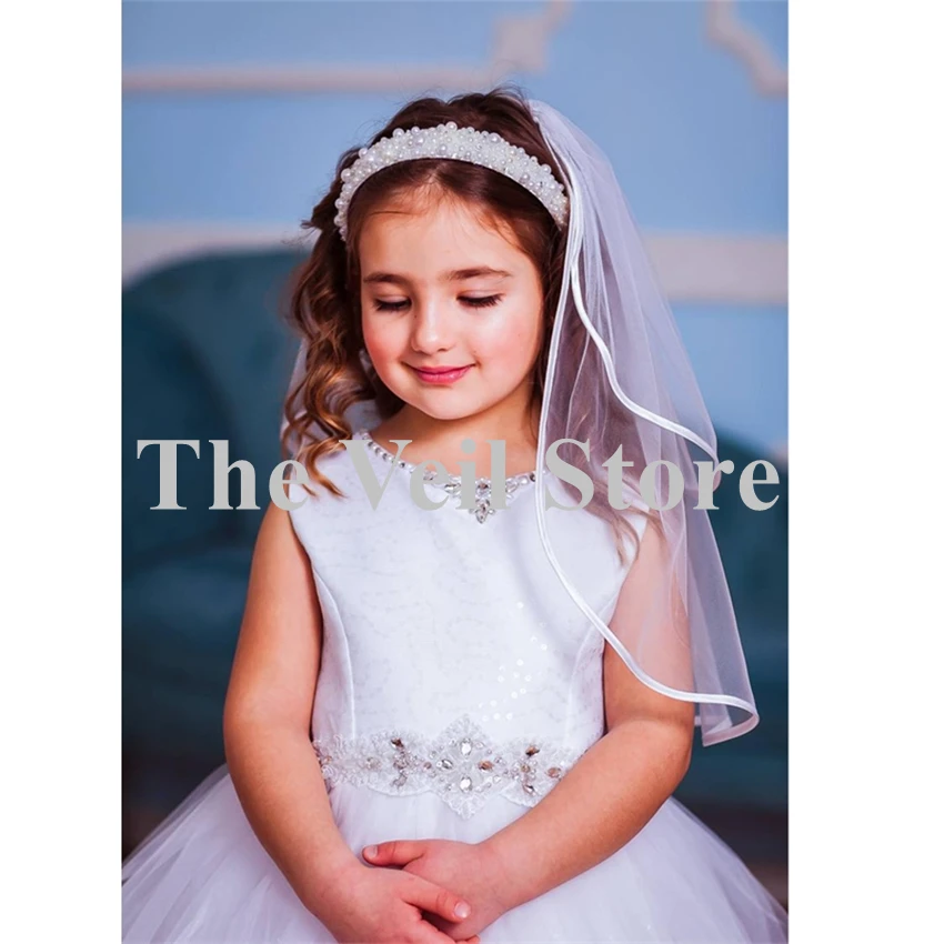 White Ivory Wedding Flower Girls First communion Veils With Comb Satin Edge Cute Children Kids Veils Voile Fille velo de Novia