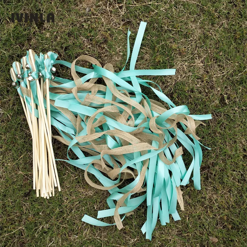 

50pcs/lot blue jute Wedding Ribbon Wands with bell for wedding decoration