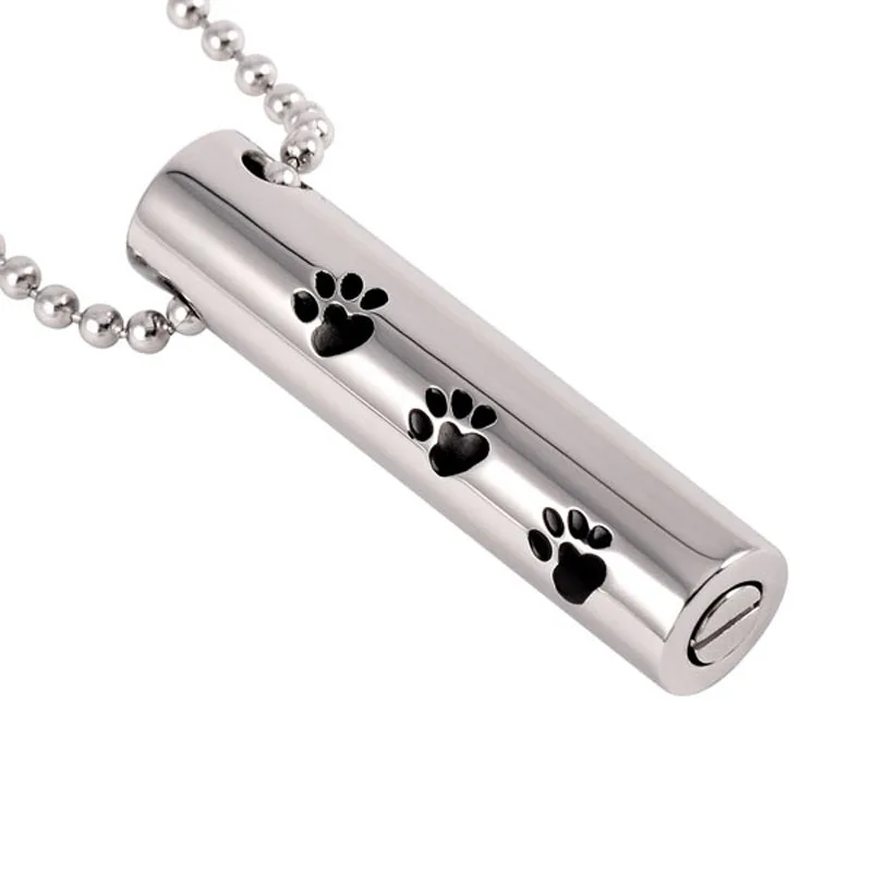 

IJD2473 Dog/Cat Paw Print Cylinder Cremation Jewelry - CHEAP WHOLESALE Stainless Steel Pet Memorial Urn Necklace For Ashes