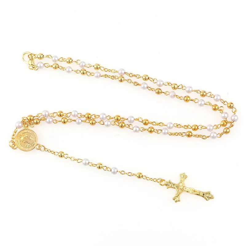 4mm Catholic Rosary  Metal And Pearl Beads Necklace Jewelry Religious Bead Blessed Virgin Mary With Jesus Cross