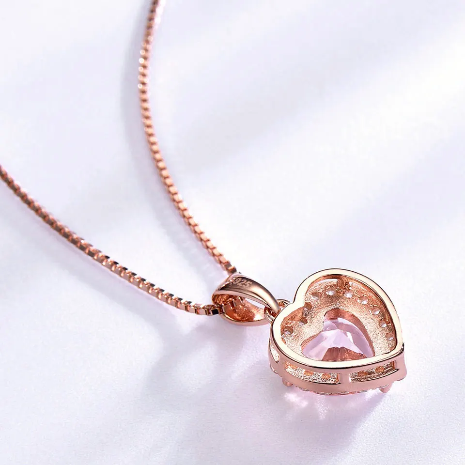 UMCHO Solid 925 Sterling Silver Necklaces For Women Rose Pink Morganite Charm Heart Pendant For Girl Gift Fine Jewelry