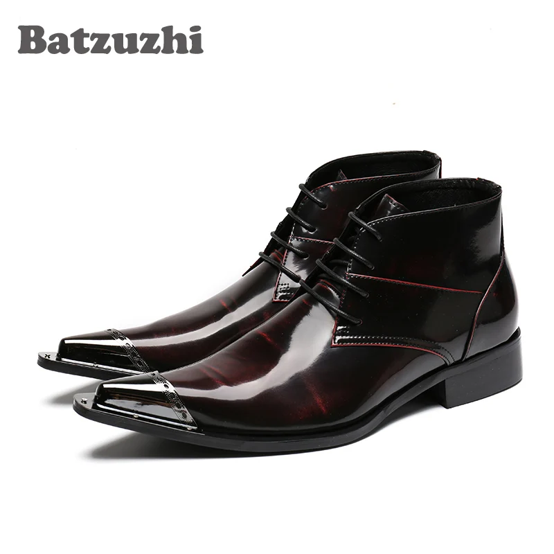 

Batzuzhi Wine Red Men Boots Pointed Metal Toe Lace-up Men's Ankle Boots Business Leather Boots for Men Zapatos Hombre, EU38-46