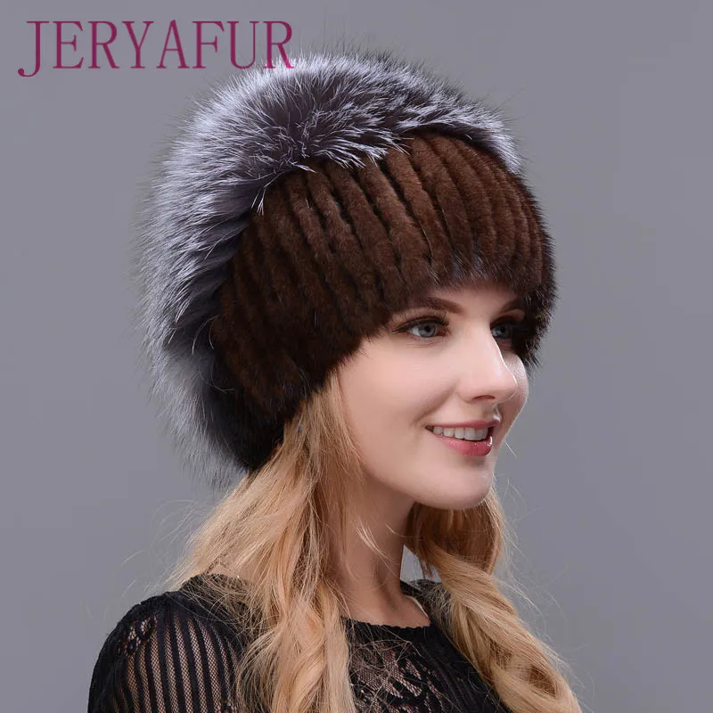 JERYAFUR Fashion Real Mink Fur Hat Female High Quality Silver Fox Fur Winter Caps Womens Thick Warmer Knitted  Patchwork Cap