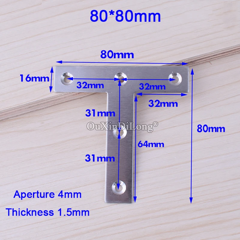 New 100PCS 80X80mm Stainless Steel Corner Braces T Shape Board Frame Joint Shelf Support Brackets Furniture Connecting Parts