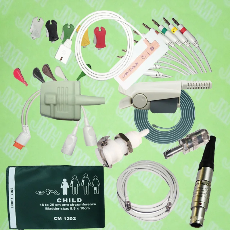 2pcs Spo2 sensor ECG EKG cable and electrode IBP cable NIBP cuff Temprature probe Holter leadwires medical connectors.