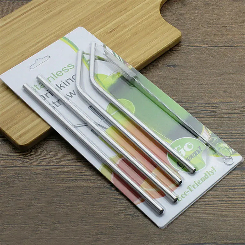 (4pcs) Stainless Steel Straw With Cleaning Brush Bend Straight Drinking Straw Kitchen Bar Party Accessories