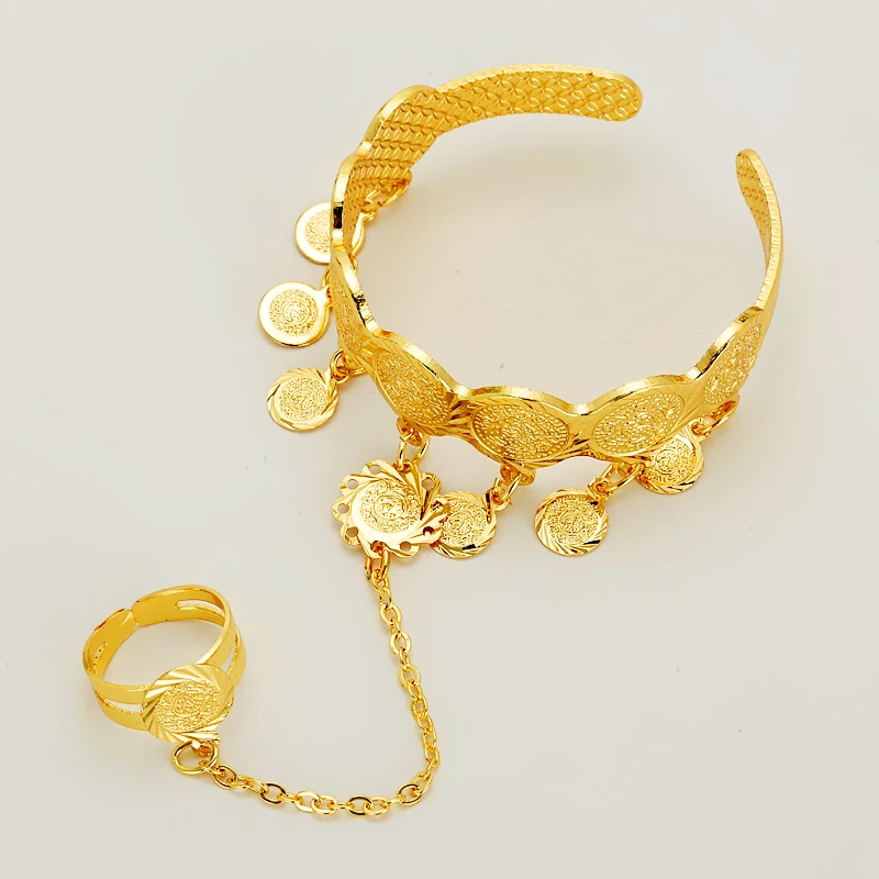 Dubai African Coins Bangles Arabic  Jewelry Gold Bangles for Kids Copper Baby bracelets with Ring