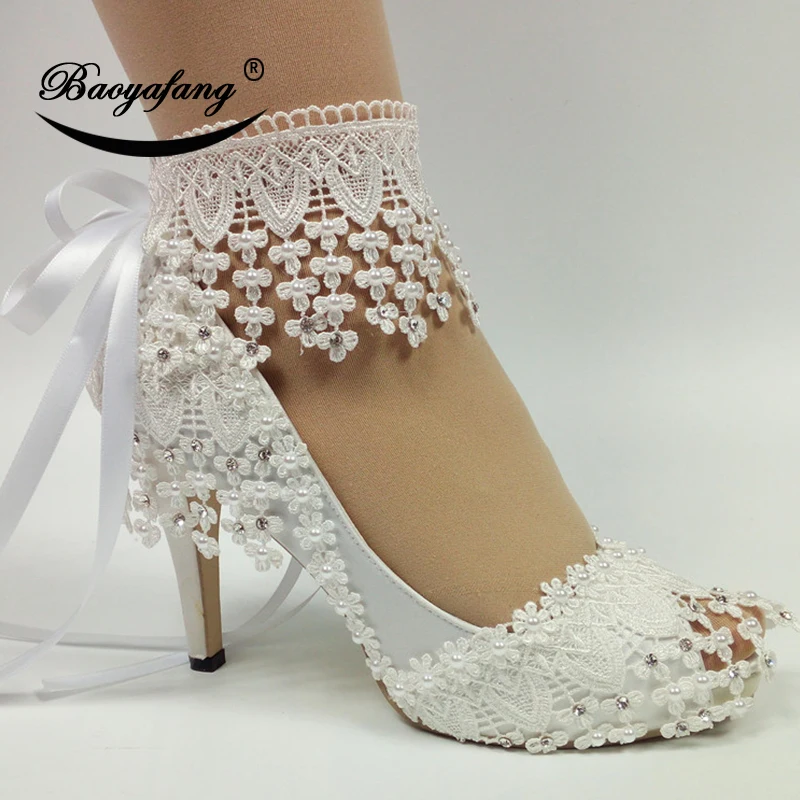 

BaoYaFang 2023 New Lace-Up fashion shoes For woman White Flower Wedding shoes Ankle Strap High shoes sweet party shoe