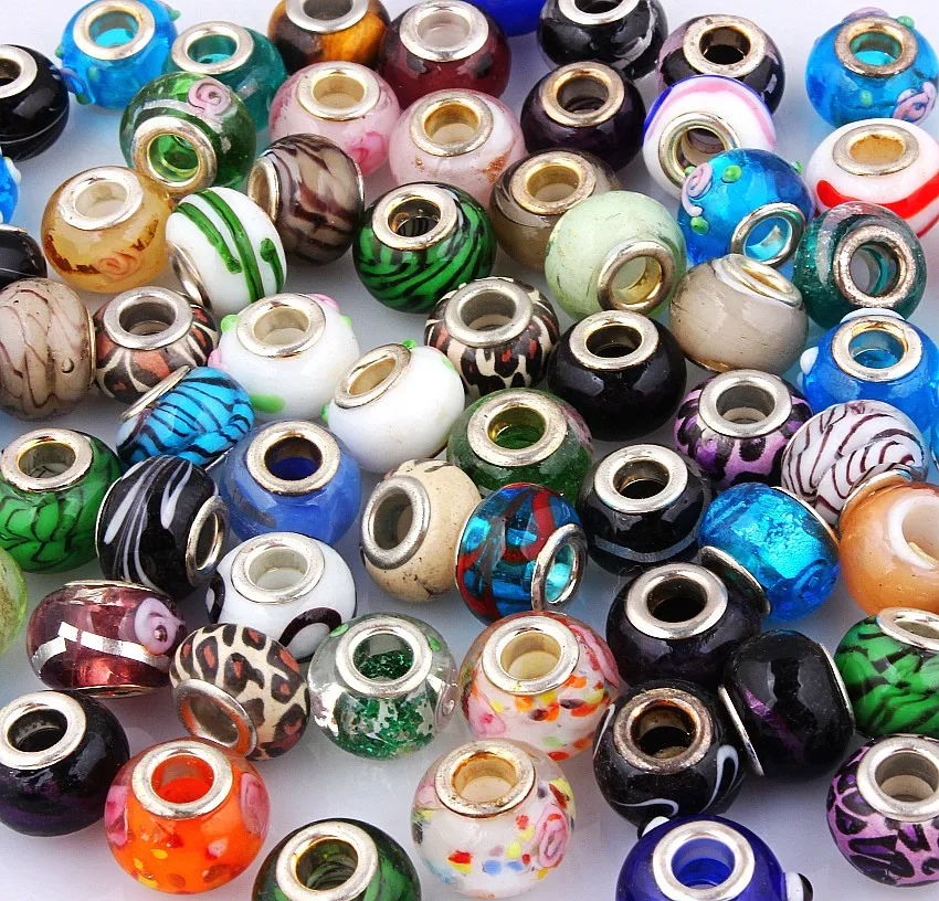 QianBei Wholesale 50pcs/Lot Mix Color Murano Glass Lampwork Beads Big Hole Core For Charm Bracelet Free Shipping