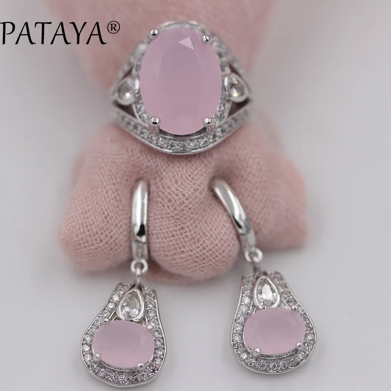 PATAYA New Multicolor Oval Natural Zirconia Earrings Ring Sets Women Romantic Wedding True White Gold Color India Jewelry Set