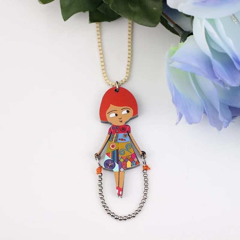 Bonsny Acrylic Cute Jump Rope Girls Pendant Long Chain Charms Dance Necklace Brand Fashion Jewelry For Women Gifts Accessories
