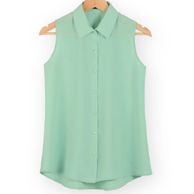 Women Turn-down Chiffon Blouse Summer Shirt Blusas Femeninas Solid Vest Tops Loose Sleeveless Thin And Light Chiffon Blouse