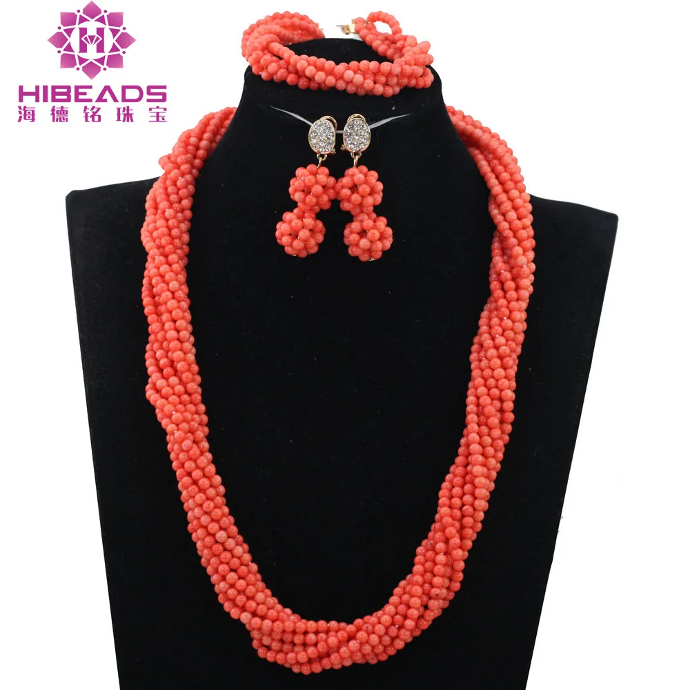 

2017 Trendy Nigerian Wedding Coral Beads Jewelry Set African Bridal Beads Set Long Pink Coral Necklace Set Free Shipping ABH469