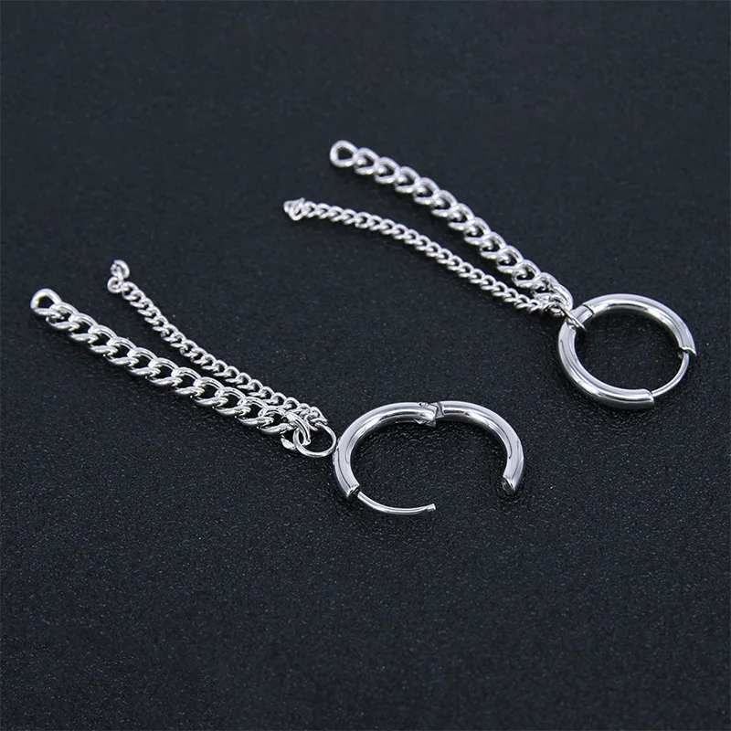 New Stainless steel Short Stick Long Chain Tassel Earring Punk Men Women Piercing Asymmetry Earrings Hip hop Street Pop Jewelry