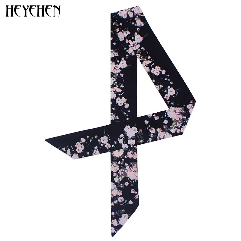 

New Women Elegant Fashion Flower Print Skinny Small Bag Twill Silk Scarf Ribbon Head Hair Handle Accessories Scarf&Wrap