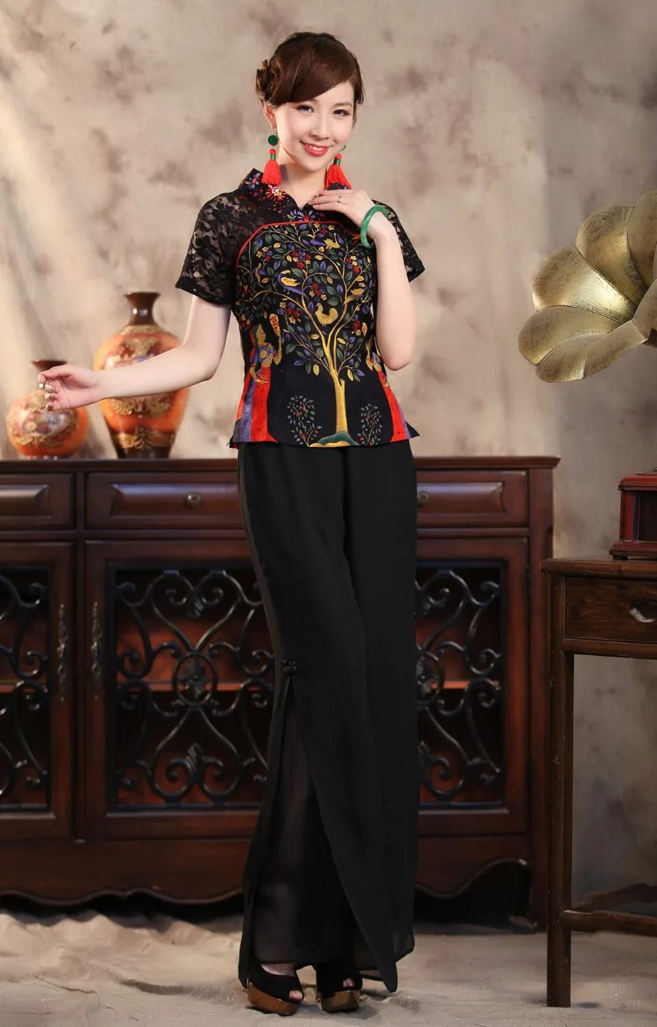 Sexy Black Lace Summer Women Shirt Top Chinese Style Cotton Linen Blouse Tradition Flower Clothing S M L XL XXL XXXL TS001