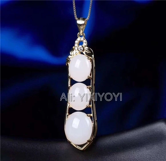 Beautiful 925 Sterling Silver White HeTian Jade Beads Inlay Bean Style Lucky Pendant + Chain Necklace Fine Jewelry Charm Gift