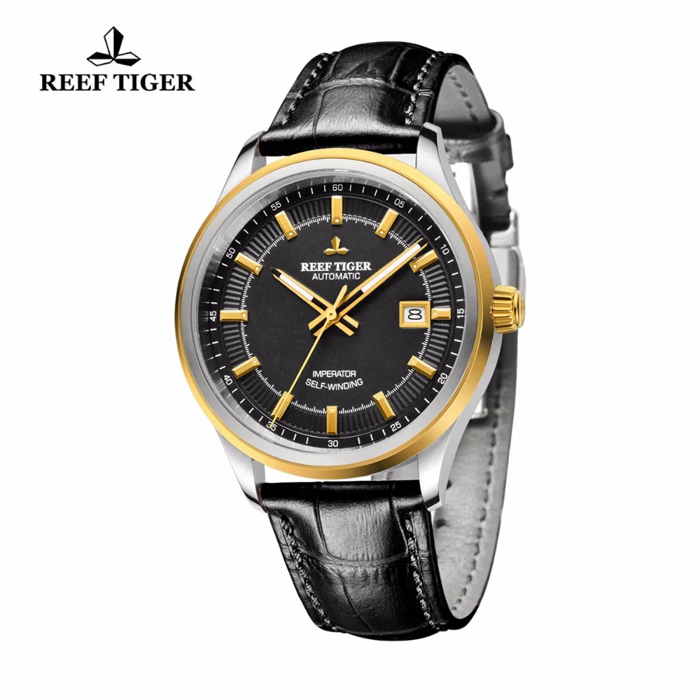 Reef Tiger/RT Dress Business Watch For Men Miyota 9015 Super Luminous Watches with Date Steel Yellow Gold Watch RGA8015