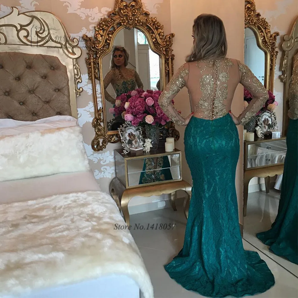 Vestido de noche Formal de encaje dorado y verde, traje Sexy de manga larga con cuentas de sirena para fiesta y ocasiones especiales