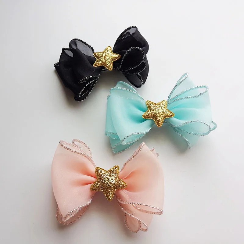 Boutique 15pcs Fashion Cute Glitter Star Bow Hairpins Solid Kawaii Organza Bowknot Hair Clips Princess Headwear Hair Accessories