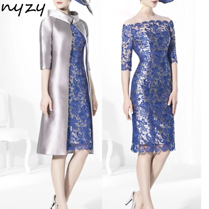 NYZY M40 Cocktail Dresses Two Piece with Jacket Bolero Coat Silver Blue robe de cocktail pour mariage Wedding Guest Dress Party